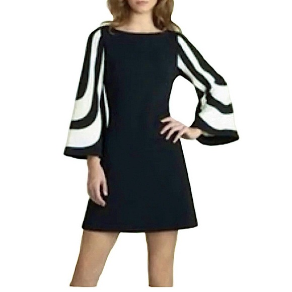 Cache Dresses & Skirts - Cache Vintage Zip Closure Fit Black Dress With Wide Bell Black & White Sleeves.